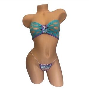 Lisa Frank Style Teal and Purple Stripper Exotic Dancer Bikini